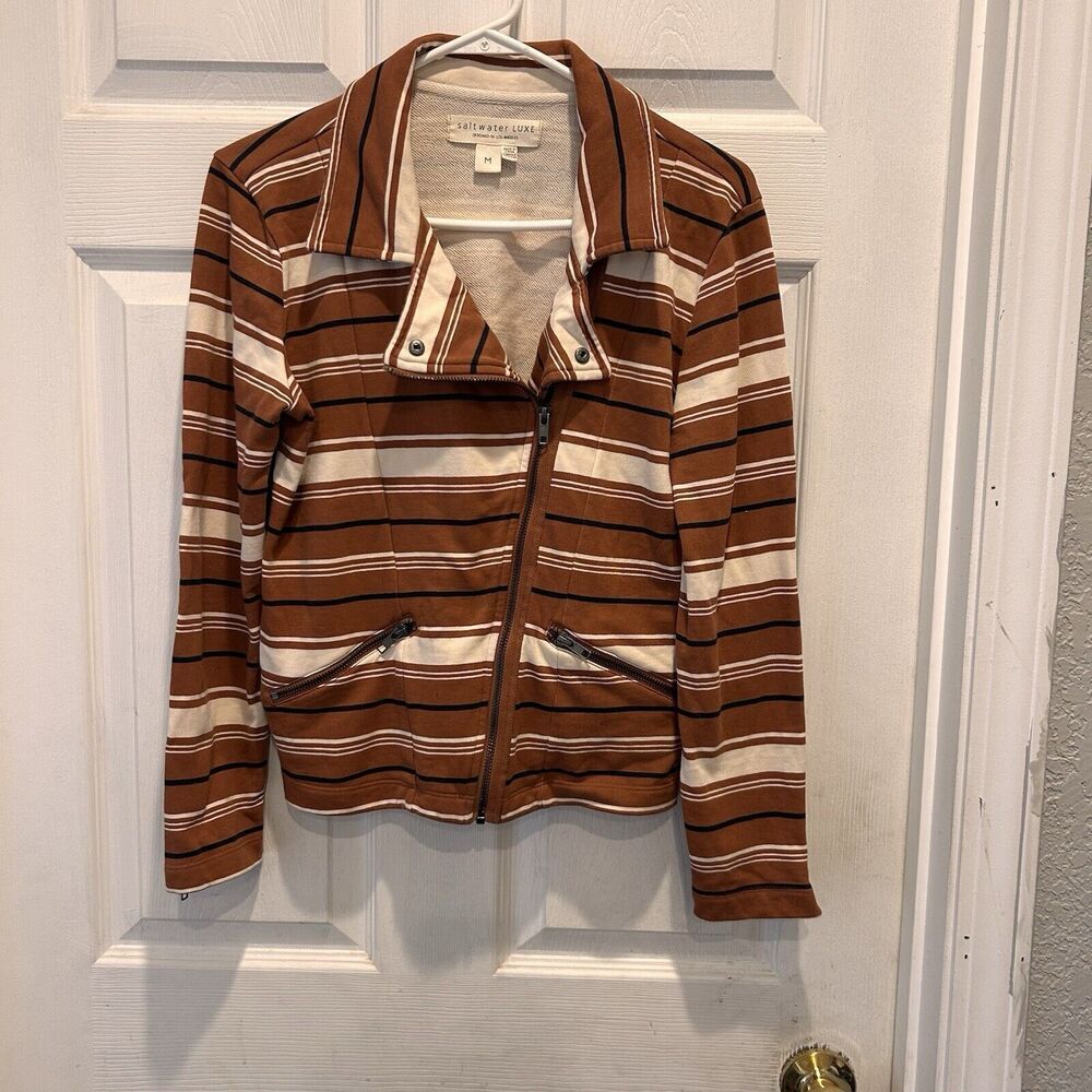 Saltwater Luxe Brownish‎ Orange Striped Full Zip Cuff Moto Jacket Size Medium